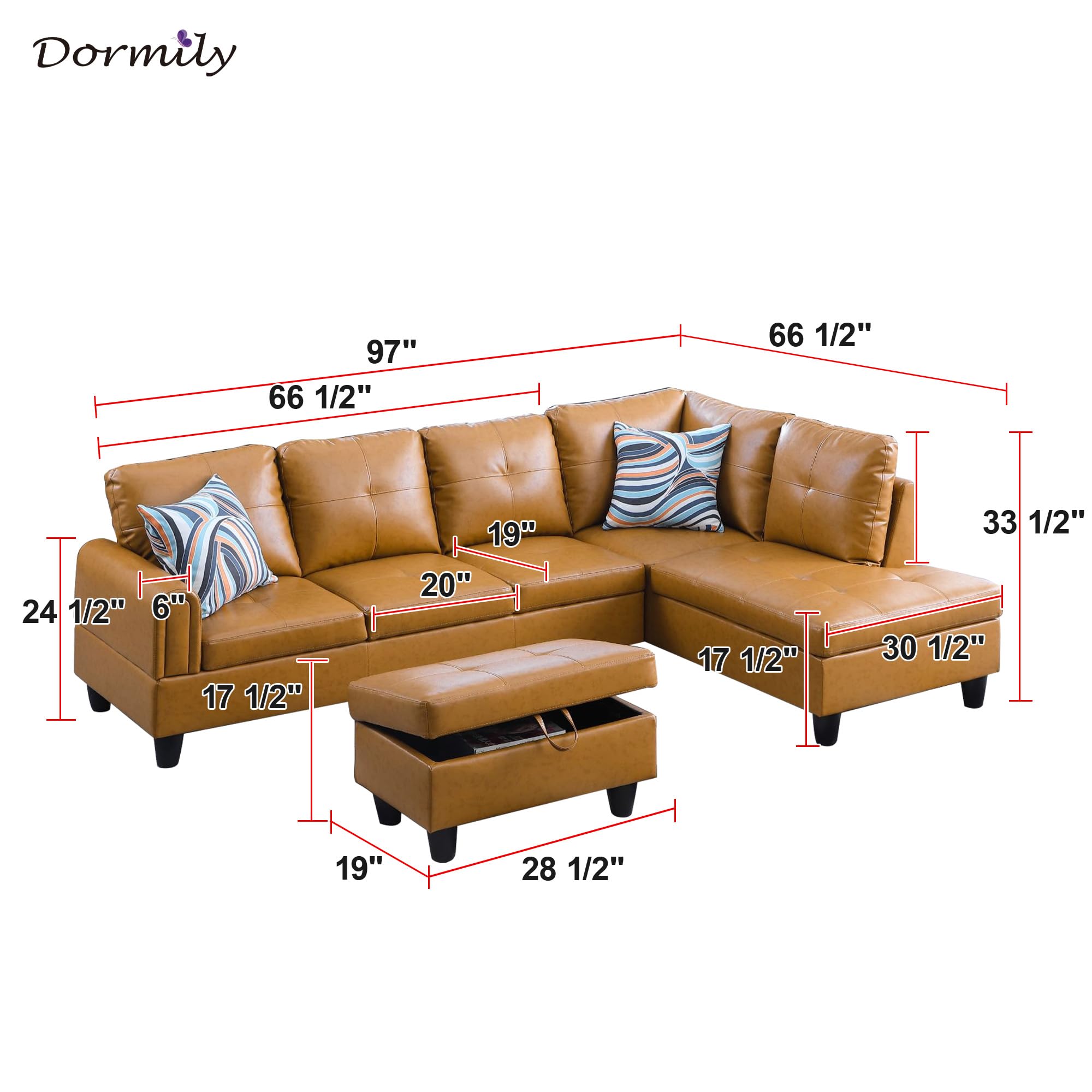 Dormily Ginger Faux Leather L Shaped Sofa Set, Leather Sectional Couch Set with Storage Ottoman, Ginger Sectional Couch Set Furniture for Living Room, Office, Apartment