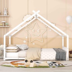 aty metal full size floor bed, house shaped bedframe w/roof design for kids, toddlers, easy assembly & no box spring needed, white