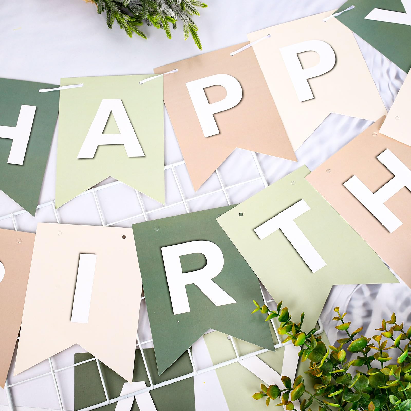 JarThenaAMCS Sage Green Happy Birthday Banner Birthday Theme Ivory Brown Hanging Banner Handmade Party Bunting Garland for Birthday Party Tea Party Baby Shower Home Nursery Backdrop Decor