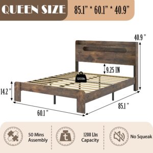 SAMTRA Wooden Queen Size Bed Frame with Storage Headboard, Farmhouse Platform Bedframe with Charging Station & Led Lights, Sturdy Wood Slat Framework, Easy Assembly (Rustic Brown Led)