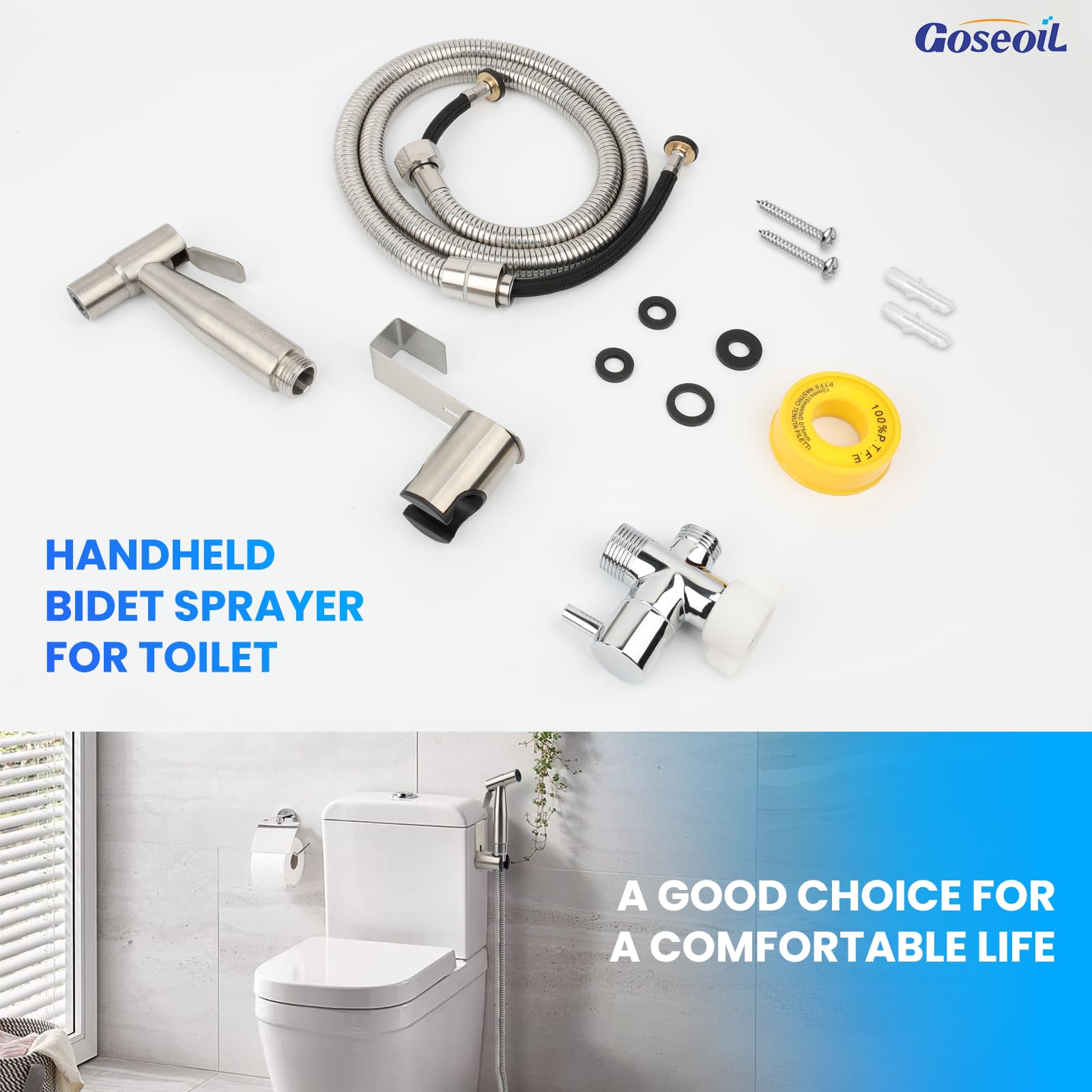 Goseoil Handheld Toilet Bidet Sprayer for Toilet-Adjustable Water Pressure Control with Bidet Hose for Feminine Wash set, Stainless Steel Brushed Nickel Cloth Diaper for Baby Wash