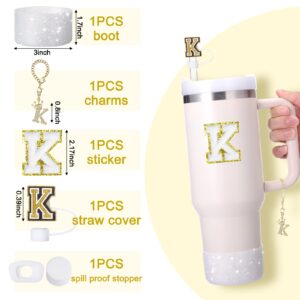 Mity rain 6pcs Cup Accessories Set for Stanley Cup 30 oz 40 oz Tumbler with Handle, Including Straw Cover Cap, Cup Initials Charm, Sticker, Silicone Boot, Round and Square Spill Proof Stopper,Letter K