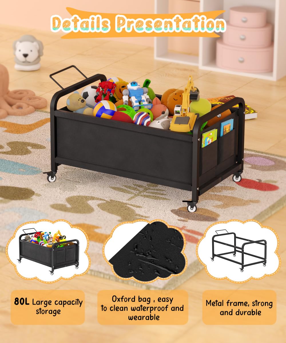 Ardier 80L Large Kids Toy Box with Wheels, Toy Chest Storage Organizer for Toddlers, Boys, Girls, Toy Storage Bin for Stuffed Animals, PlayRoom, Bedroom, Nursery, Living Room, Black