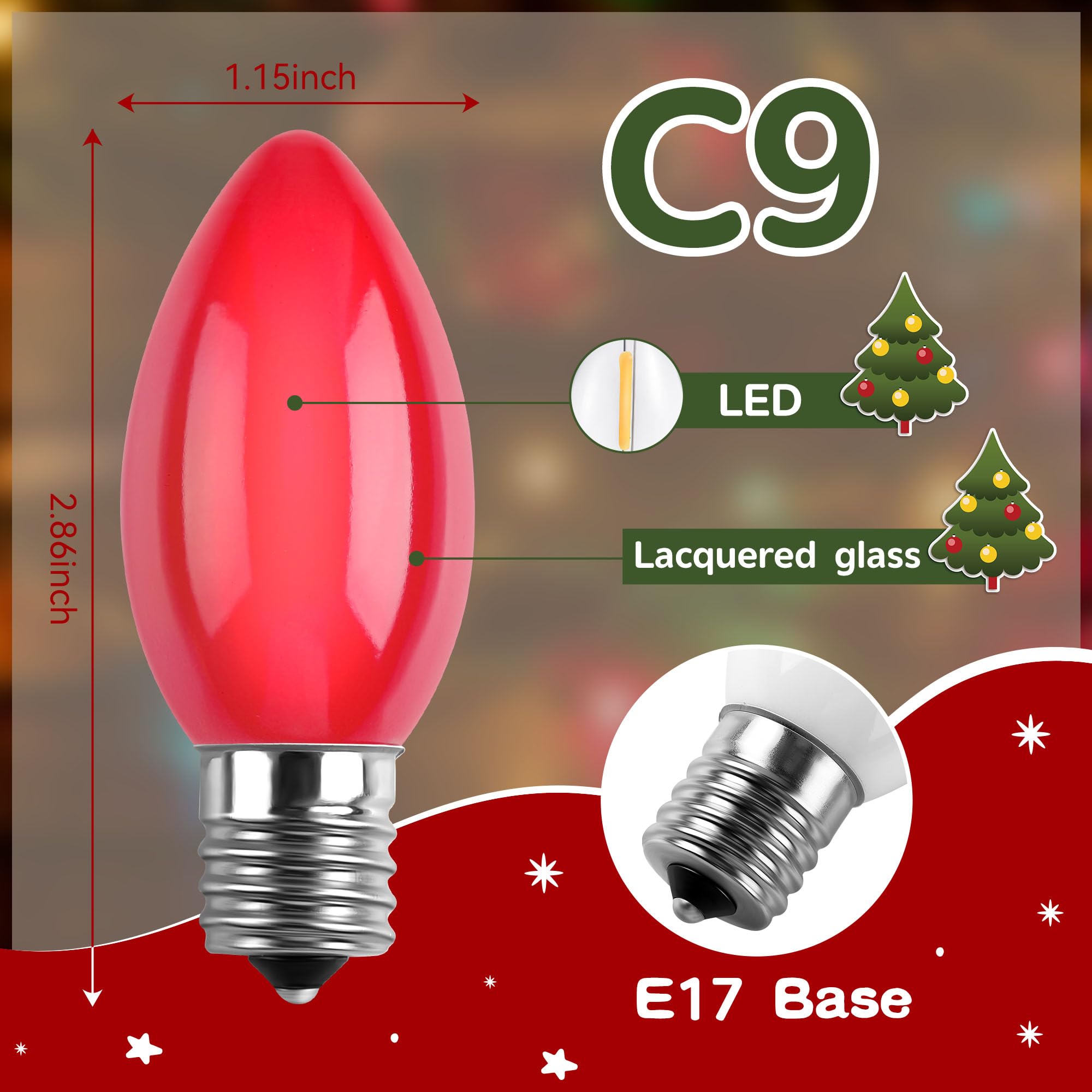 Meonum 25 Pack Multicolor C9 LED Christmas Light Bulbs, Waterproof E17 Base LED C9 Bulbs, Commercial Grade C9 LED Outdoor Christmas Bulbs for Christmas Roof House C9 String Lights