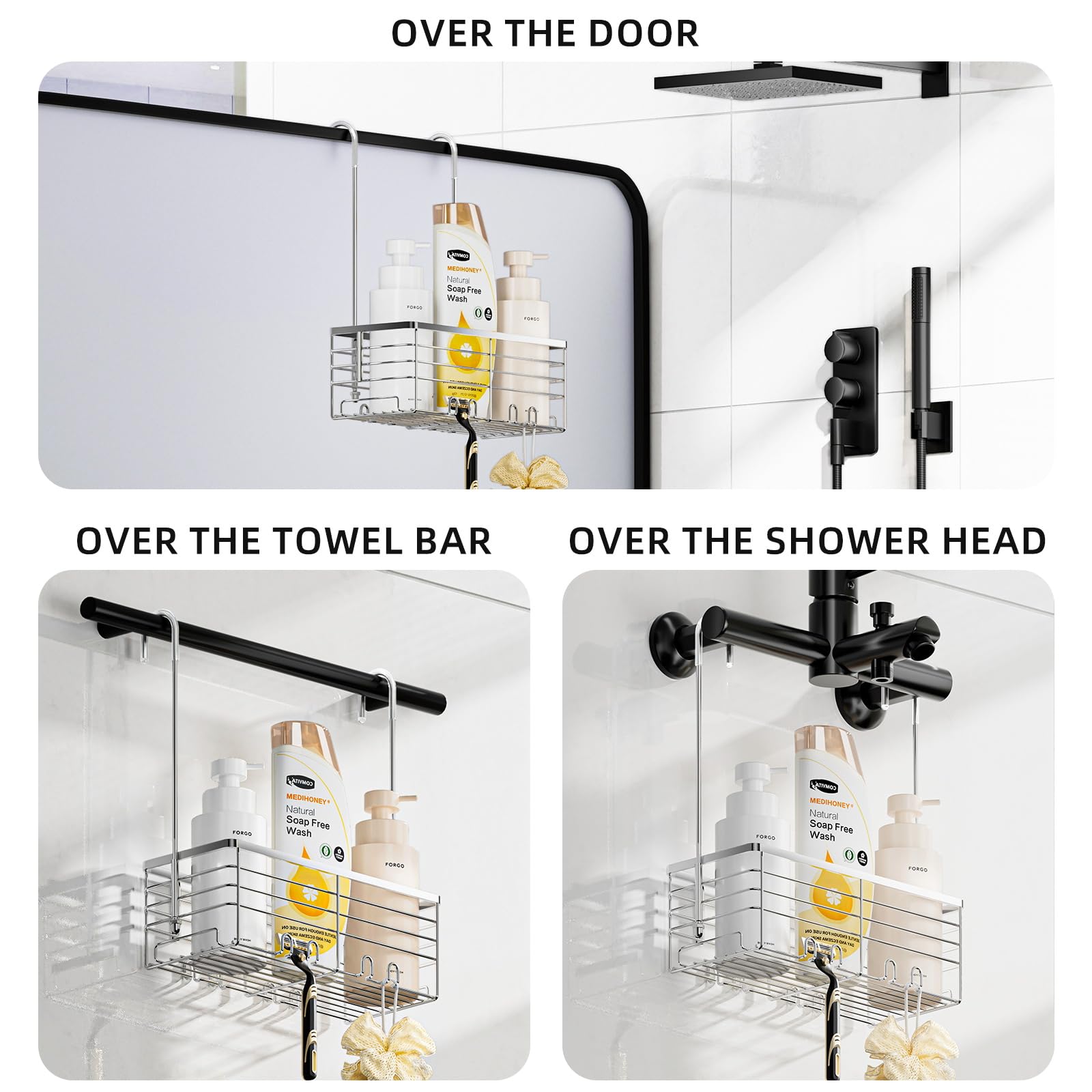 SHANSHUI Shower Hanging Caddy, Bathroom Shower Organizer Basket, Shampoo Bracket, Over Door Shower Rack with Hooks, 304 Stainless Steel Rustproof