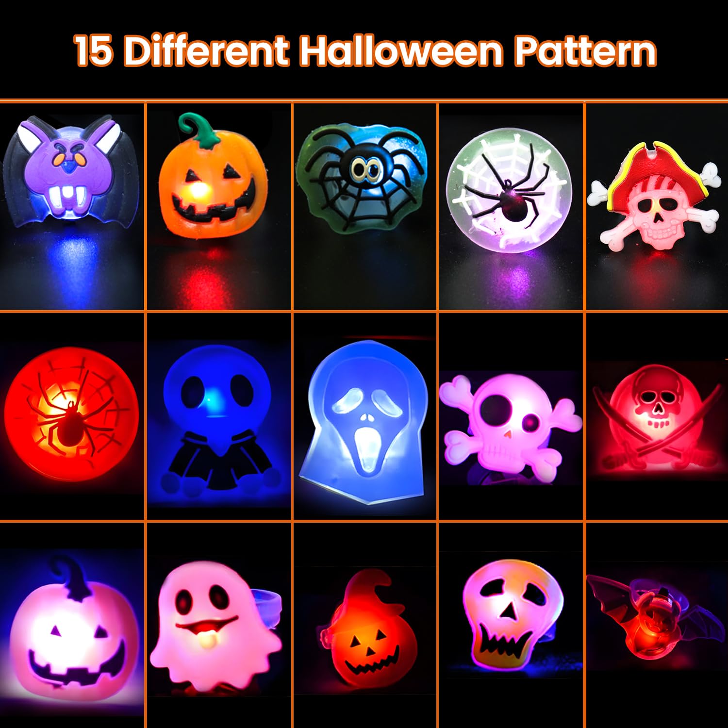 XUANMEIKE 50pcs 50pcs Halloween LED Rings, Halloween Party Favors Glow in the Dark Party Supplies, Halloween Light Up Rings Perfect for Trick or Treat Gifts and Halloween Favors