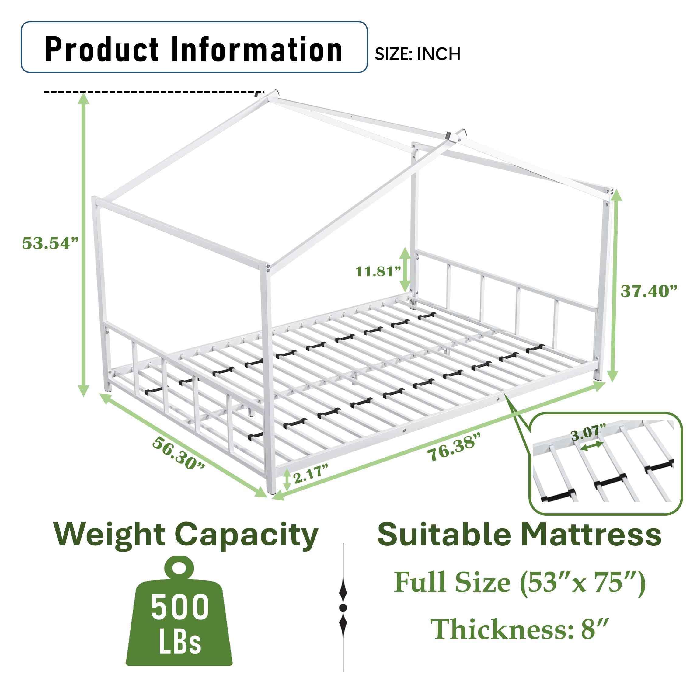 ATY Metal Full Size Floor Bed, House Shaped Bedframe w/Roof Design for Kids, Toddlers, Easy Assembly & No Box Spring Needed, White