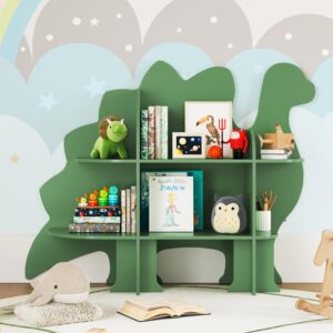 curipeer dinosaur kids bookshelf, 2-tier bookshelf for kids, baby bookshelf and toy storage, wooden kids bookcase, toddler book shelf organizer for kids rooms, nursery, bedroom, playroom, green