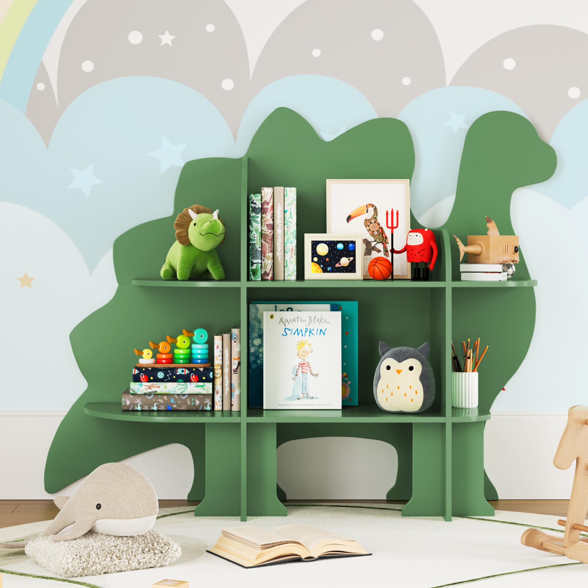 Curipeer Dinosaur Kids Bookshelf, 2-Tier Bookshelf for Kids, Baby Bookshelf and Toy Storage, Wooden Kids Bookcase, Toddler Book Shelf Organizer for Kids Rooms, Nursery, Bedroom, Playroom, Green