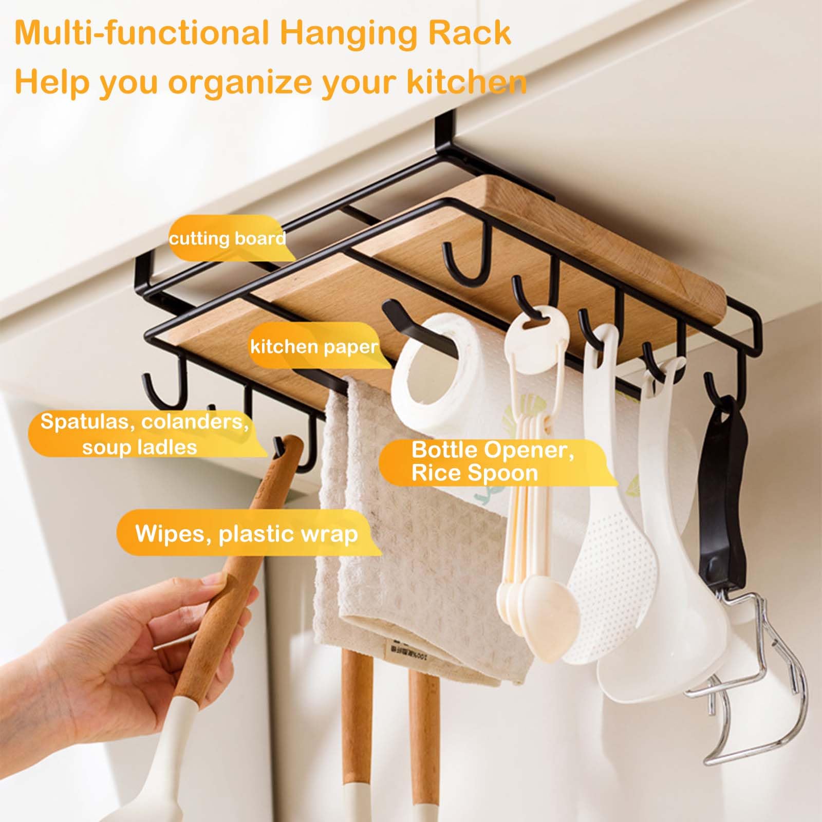 Mug Hooks Under Cabinet,Paper Towel Holder Under Cabinet,Chopping Board Organizer,No-Hole Multifunctional Stainless Steel Under Cabinet Shelf,For Kitchen Utensils,Cups,Towel,Cutting Board (Black)