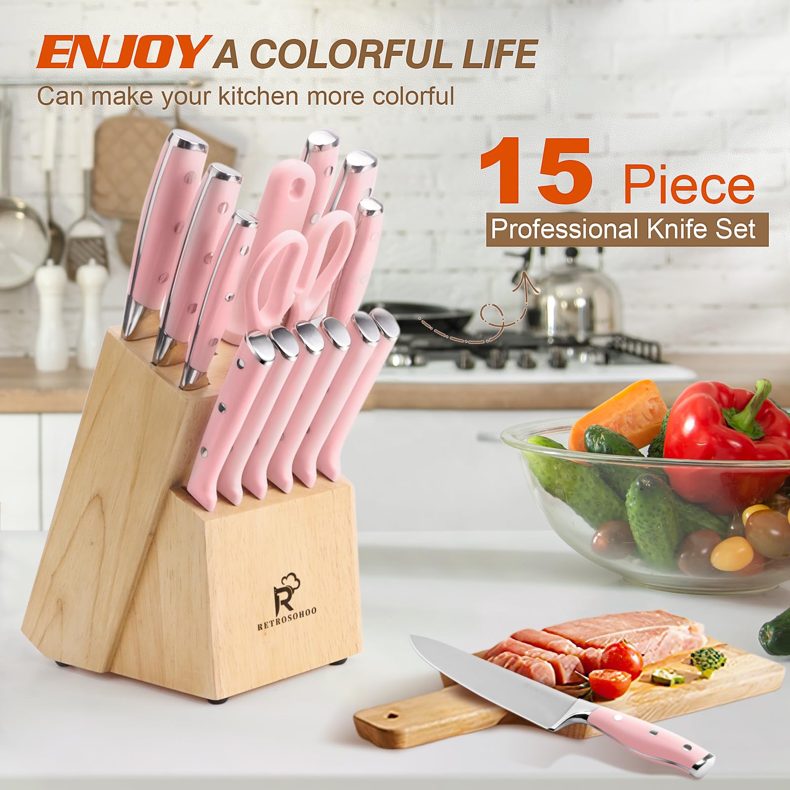 Pink Knife Set,15 Pieces Professional Kitchen Knife Set with Universal Knife Block, Super Sharp Knife Set with Ergonomic Handle Non-stick Stainless Steel Knife Block Set (Pink-15 Pieces)