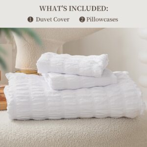 HYLEORY White Duvet Cover Queen Size, 3 Pieces (1 Duvet Cover + 2 Pillow Cases) Soft Washed Microfiber Duvet Cover Seersucker Duvet Cover Set with Zipper Closure and Corner Ties for All Seasons