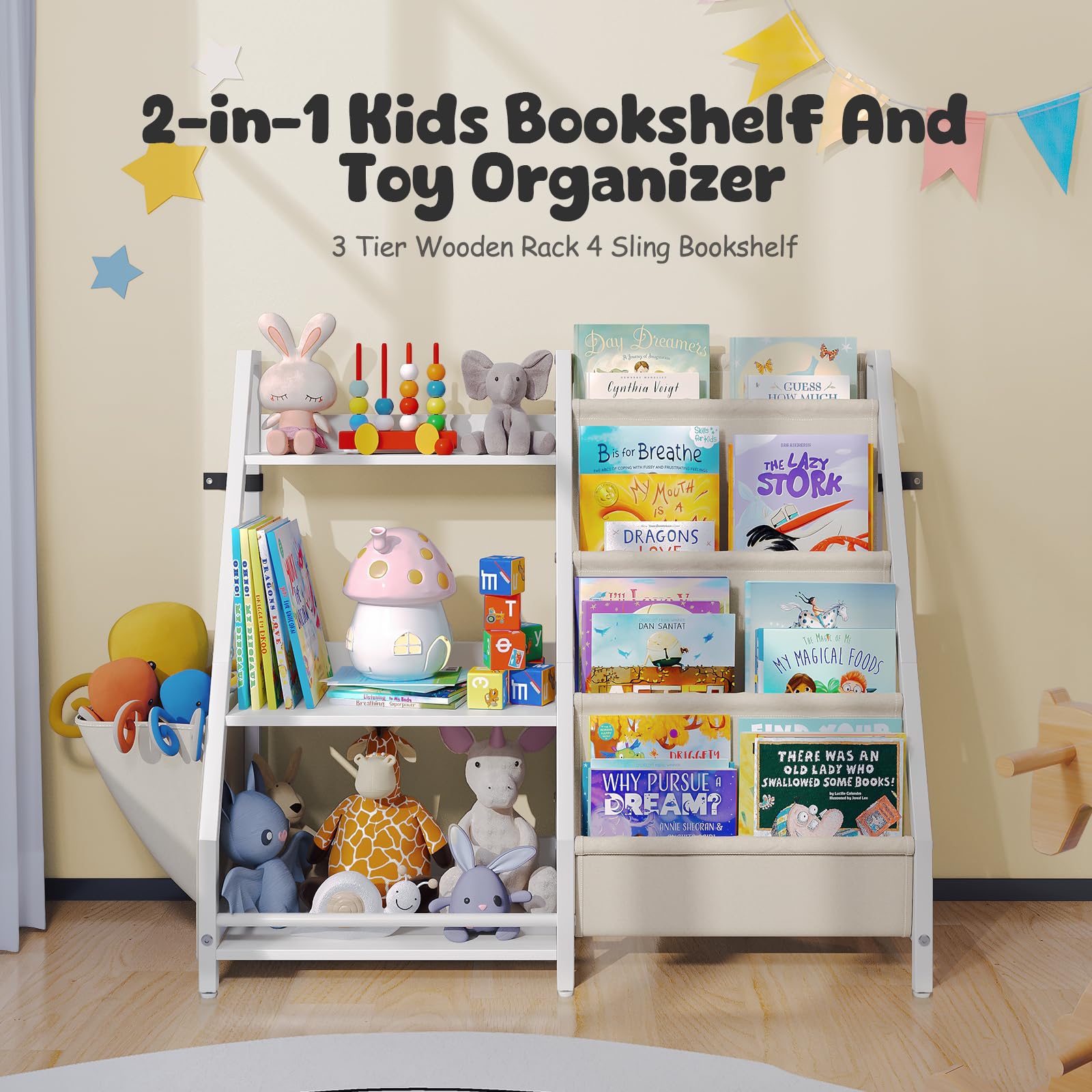 Kids Bookshelf and Toy Storage Organizer, 2 in 1 Montessori Toddler Book Shelf for Kids Rooms, Nursery Bookcase, Easy Assembly, Includes Extra Side Pockets 11.8" D x 33.4" W x 29.5" H (White)