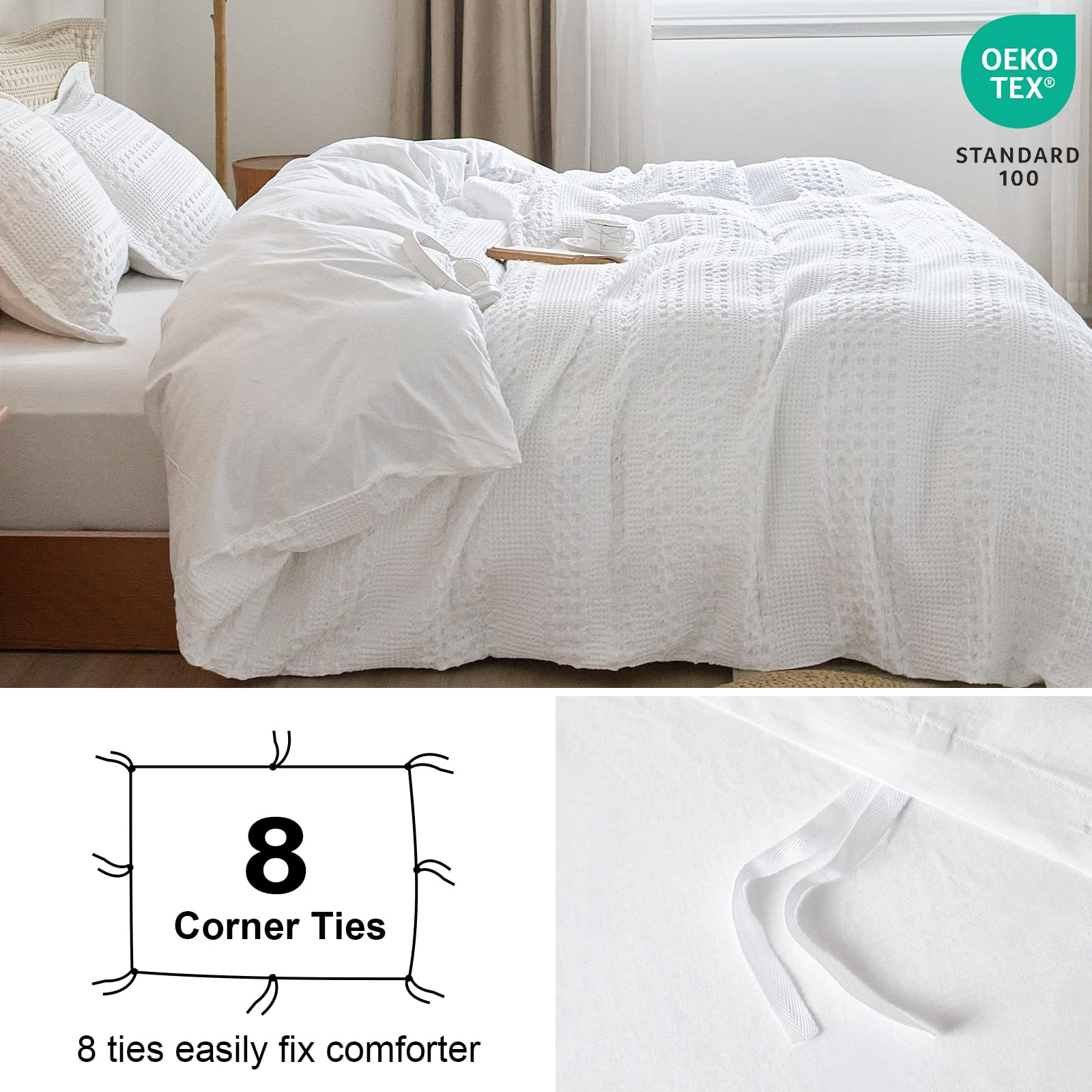 PHF 100% Cotton Waffle Duvet Cover Queen Size, Soft Breathable Cotton Bedding Duvet Cover Set for All Season, Waffle Weave Textured for Aesthetic Luxury Home Decor, 2 Pillow Shams, 90"x90", White