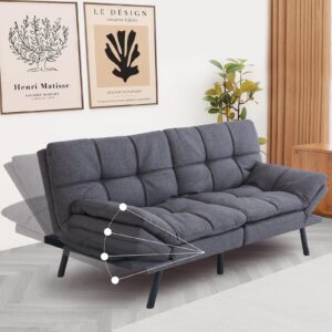 sunny heart convertible futon sofa bed, memory foam futon couch sleeper sofa, small splitback loveseat polyester modern sofa bed for living room, apartment, dormitory, office, grey, updated quality