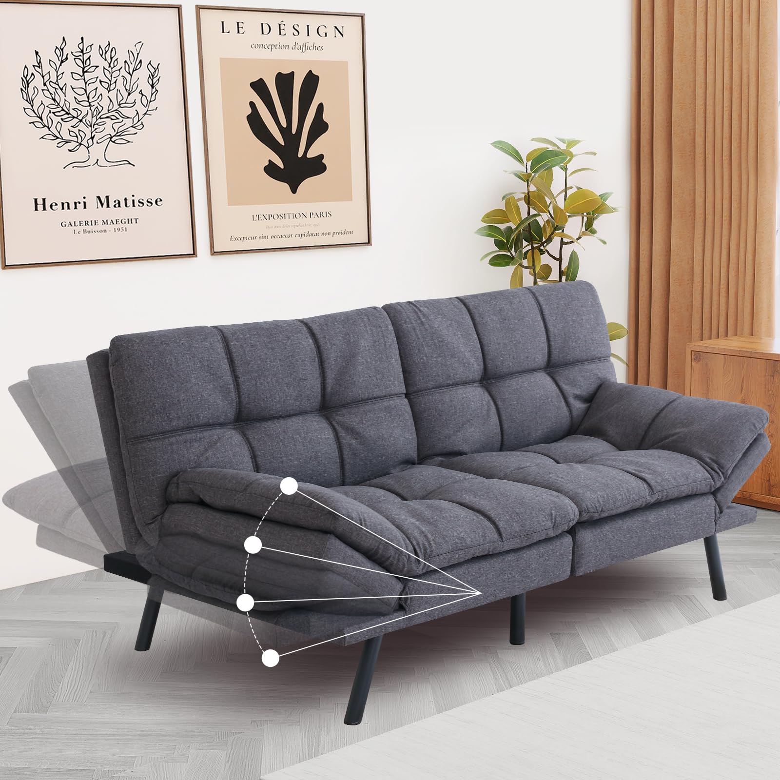 Sunny Heart Convertible Futon Sofa Bed, Memory Foam Futon Couch Sleeper Sofa, Small Splitback Loveseat Polyester Modern Sofa Bed for Living Room, Apartment, Dormitory, Office, Grey, Updated Quality