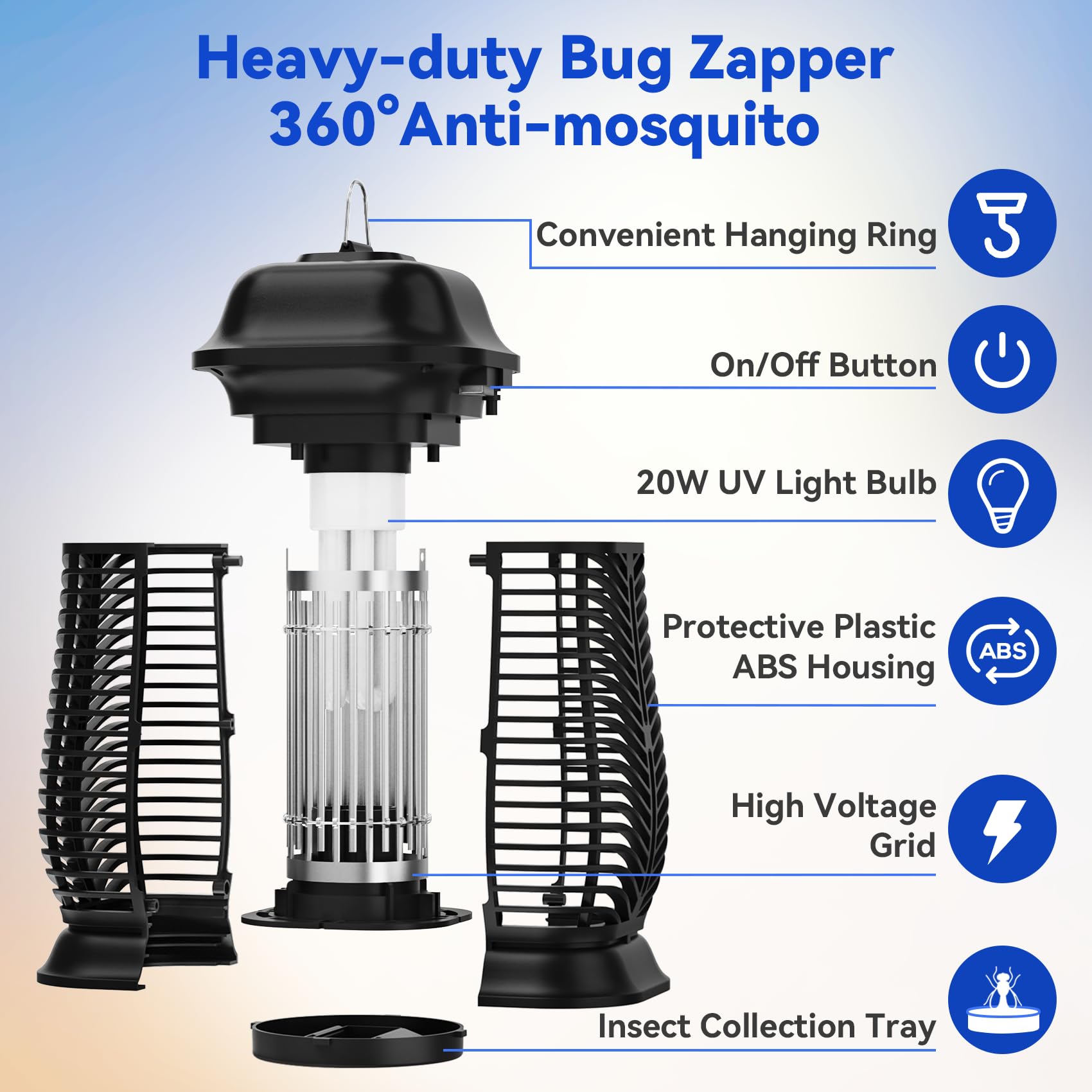 20W Bug Zapper Outdoor, Fly Traps for Indoors with Powerful 3U Shape Light Bulb, Waterproof Fly Zapper, Electric Mosquito Killer for Home, Backyard, Patio (100, Volts)