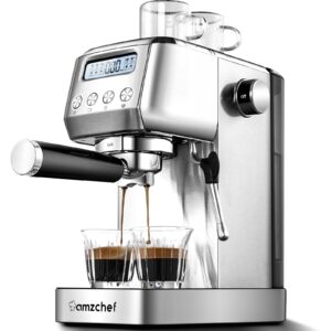 amzchef espresso machines 20 bar, espresso maker with milk frother & lcd panel, adjustable temp, compact cappuccino machines for home gifts, stainless steel