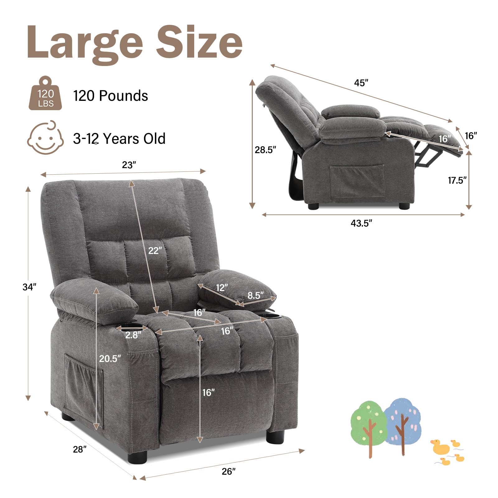 BOSMILLER Kids Recliner Chair， Push Back Toddler Recliner with Cup Holders & Side Pockets， Adjustable Footrest & Headrest Kids Sofa for Boys Girls 3+ Age Group (Deep Grey)