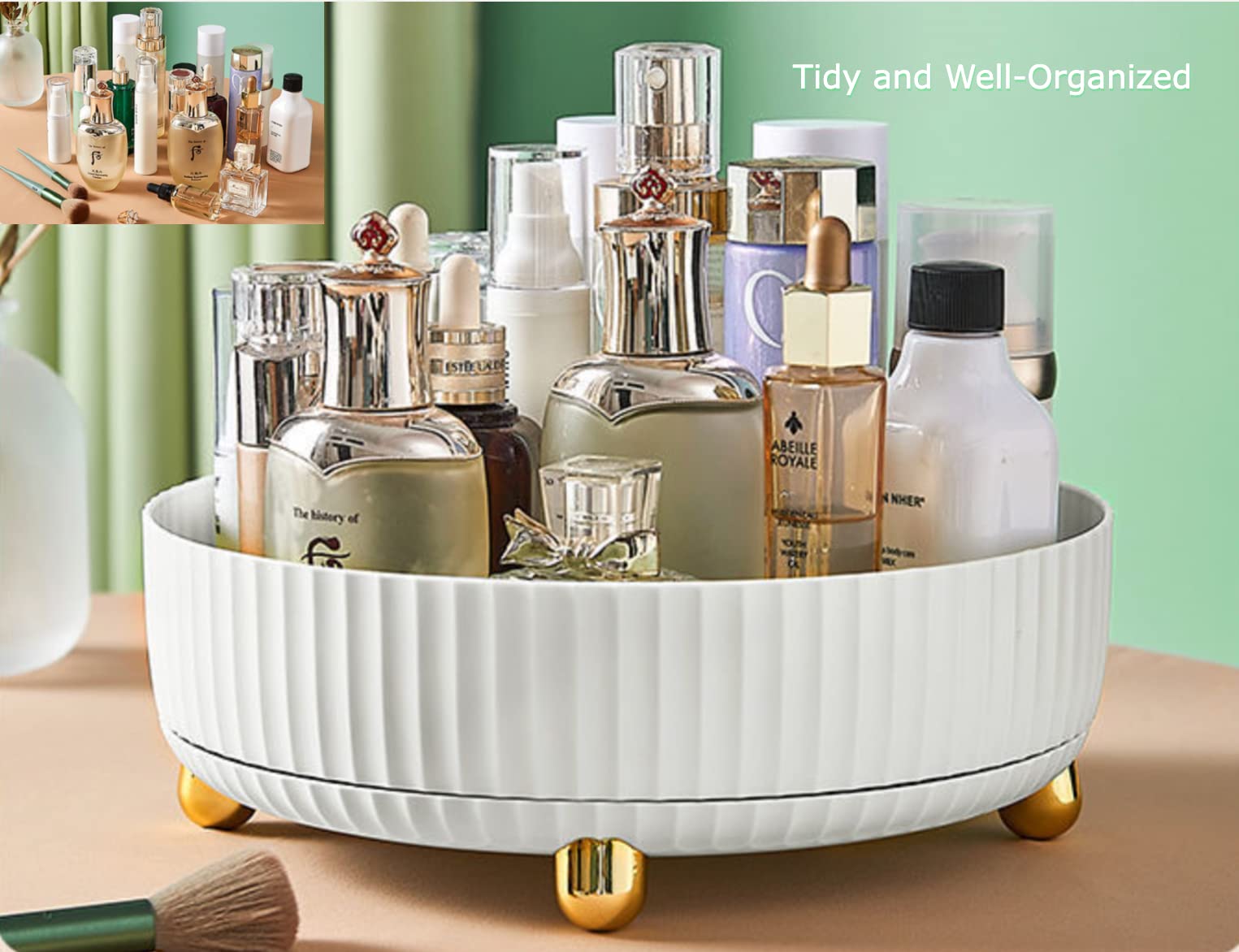 Hibekol 360° Makeup Organizer - 8.66" Diameter Spinning Skincare Perfumes Organizer - Cosmetics Organizer for Vanity Countertop and Bathroom Dresser - Lazy Susan Storage Box (White)