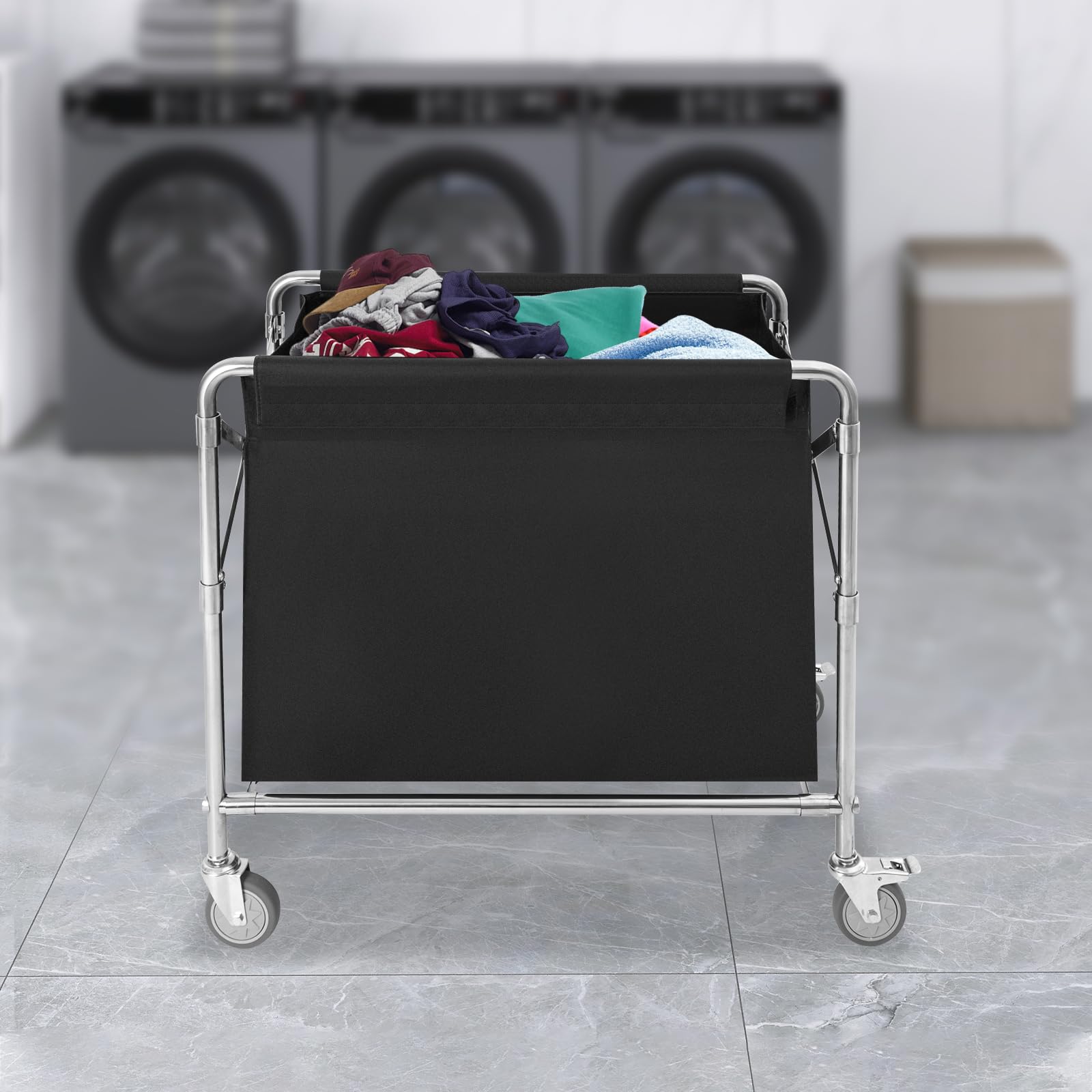 Industrial Rolling Laundry Cart, Commercial Stainless Steel Frame Laundry Cart with Wheels, Foldable Rolling Laundry Hamper with Waterproof Oxford Cloth (Black)