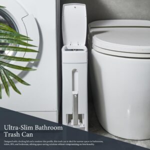 CurcKua Bathroom Trash Can Set Bathroom Garbage Can 16.5x8x4.3in 1.2-Gallon Slim Bathroom Bin with Toilet Brush Holder Press-Opening White Rectangular Toilet Trash Can for Toilet Kitchen Space Saving