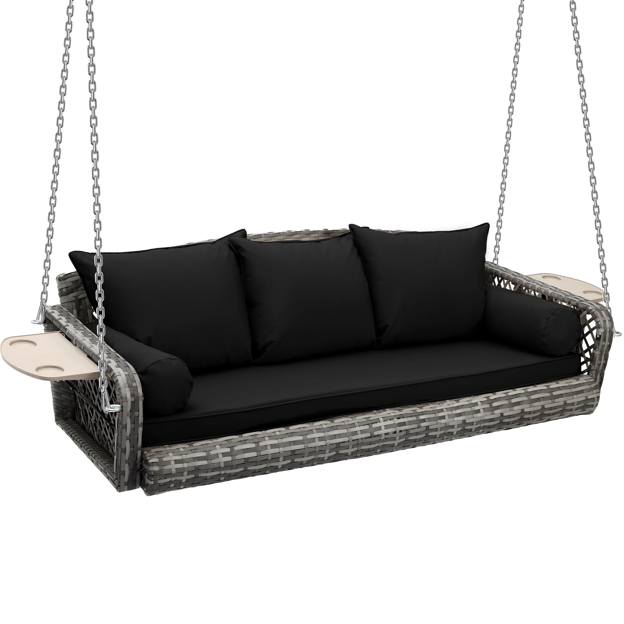 Grepatio 3 Person Porch Swing Patio Wicker Hanging Porch Swing Chair Outdoor Rattan Swing Bench with Cushion and Pillow for Garden, Yard, Lawn (Gray Rattan Black Cushion)