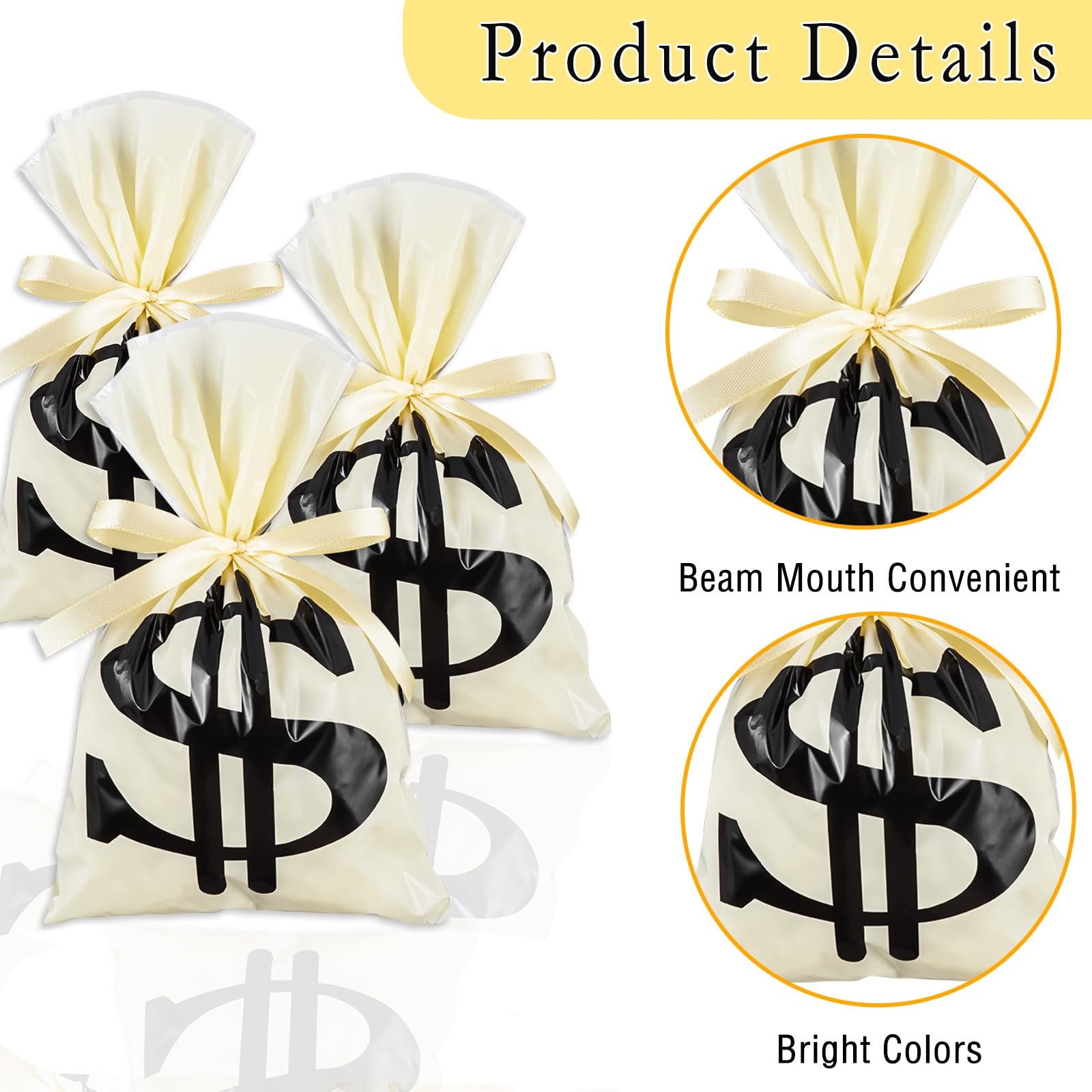 Domthent 100PCS Dollar Sign Party Favor Bags,6 x 9 Inch Money Bags,Small Money Bag for Party Favor Decor,Gift Bag with 25 Yards Light Gold Ribbon,Money Bag for Casino Theme Party Decorations (100)