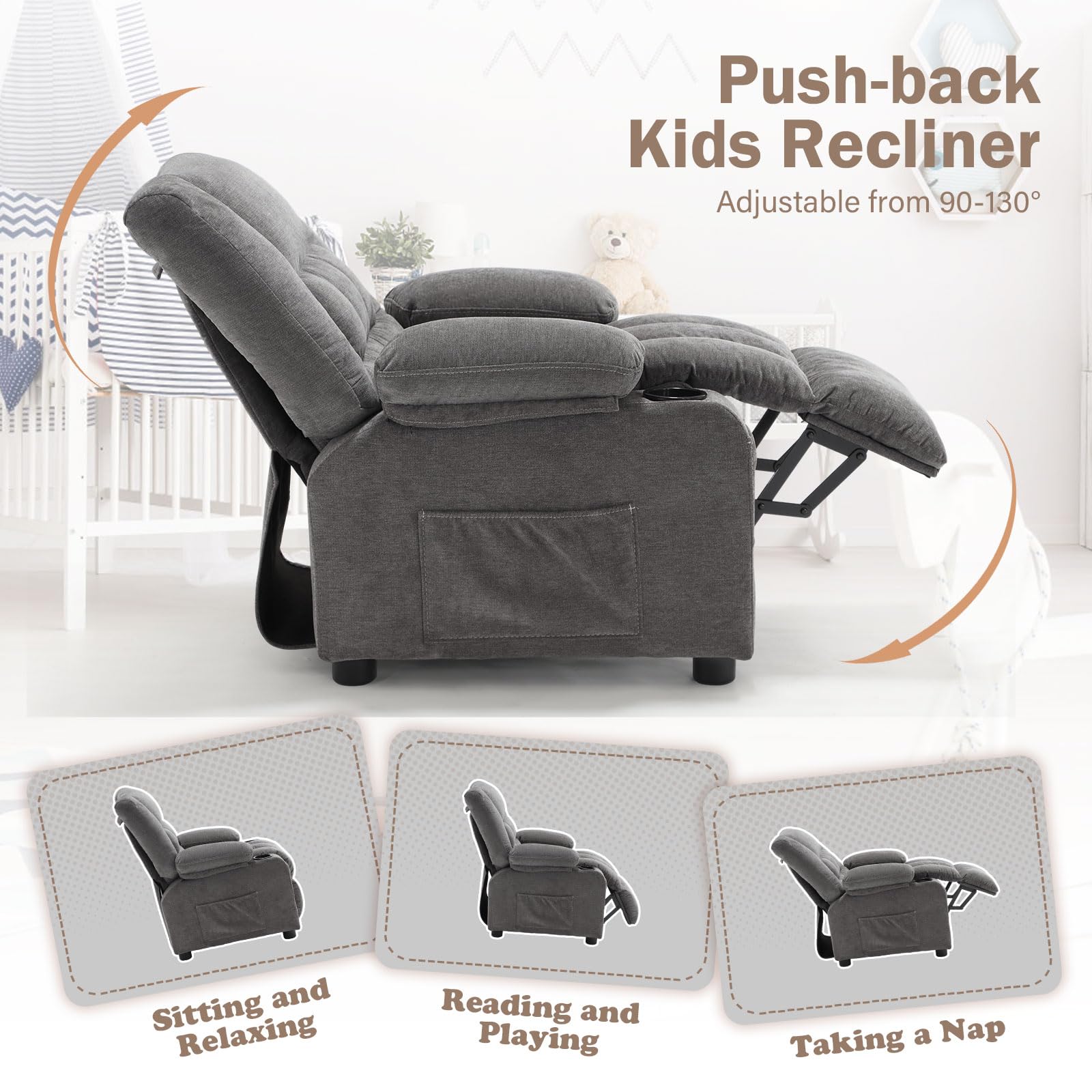 BOSMILLER Kids Recliner Chair， Push Back Toddler Recliner with Cup Holders & Side Pockets， Adjustable Footrest & Headrest Kids Sofa for Boys Girls 3+ Age Group (Deep Grey)