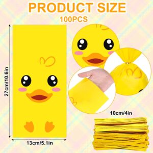 JarThenaAMCS 100Pcs Yellow Duck Cellophane Treat Bags with Twist Ties Cute Cartoon Duck Plastic Candy Goodie Bags for Summer Birthday Baby Shower Party Favors