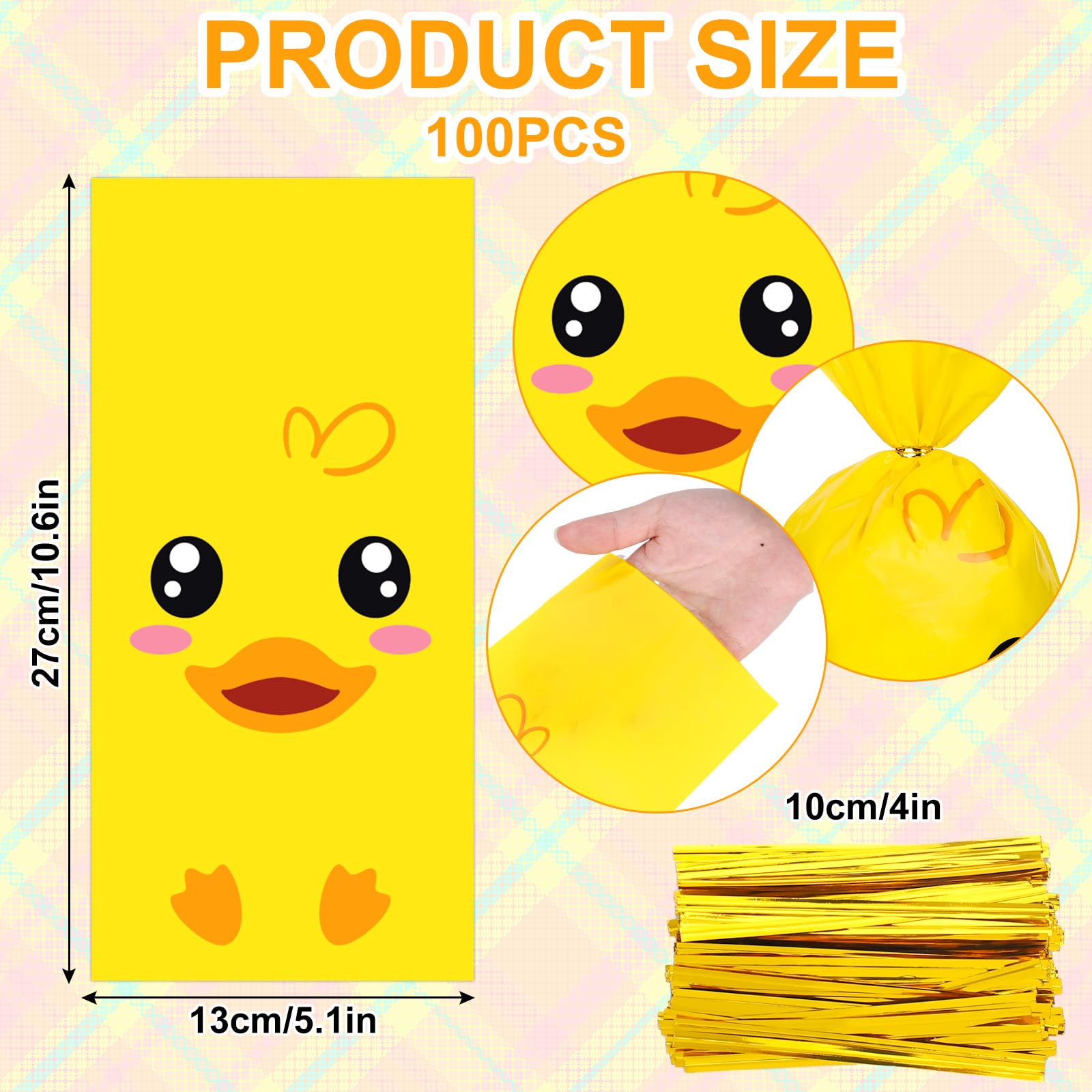 JarThenaAMCS 100Pcs Yellow Duck Cellophane Treat Bags with Twist Ties Cute Cartoon Duck Plastic Candy Goodie Bags for Summer Birthday Baby Shower Party Favors