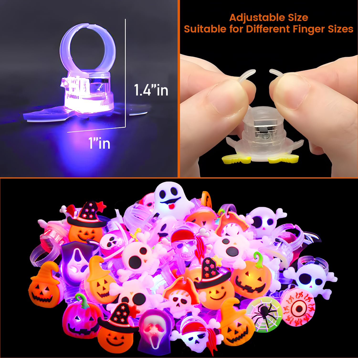 XUANMEIKE 50pcs 50pcs Halloween LED Rings, Halloween Party Favors Glow in the Dark Party Supplies, Halloween Light Up Rings Perfect for Trick or Treat Gifts and Halloween Favors