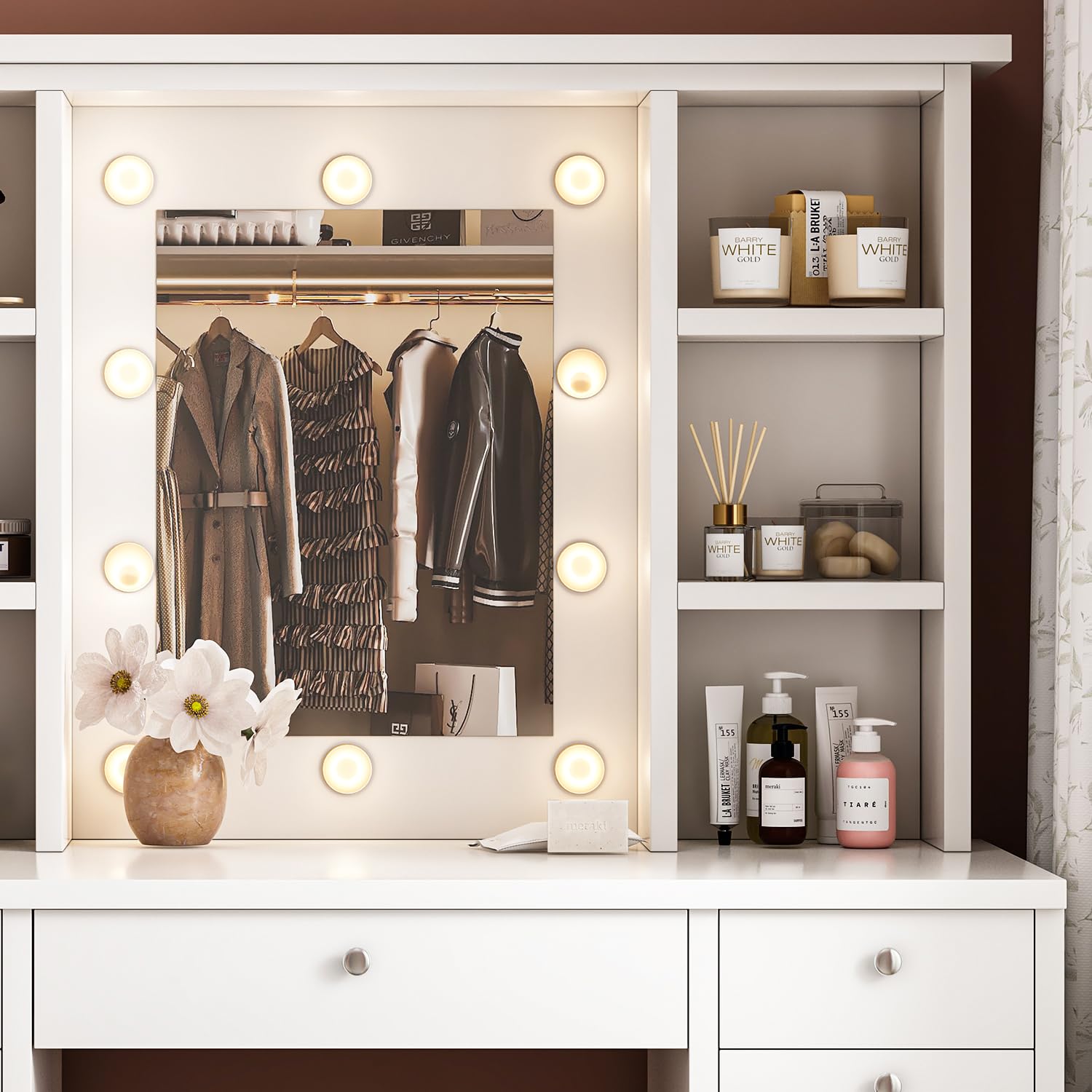 Runboll Vanity Desk with Mirror and Lights, Large Makeup Vanity with Lots of Storage, 45.3" L Dressing Table White with 10 Bulbs, 4 Open Shelves and 11 Drawers, 3 Lighting Modes, Brightness Adjustable