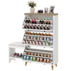 DWVO Shoe Cabinet with Bench for Entryway, Modern Shoe Storage Cabinet Shoe Bench, Narrow Hidden Shoe Organizer with 3 Flip Drawer, for Hallway, Closet, Living Room, White