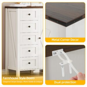 DWVO 5 Drawer Dresser - Farmhouse Chest of Drawers for Bedroom, 46" Tall Modern Dresser Cabinet with Barn Doors, Wood Storage Organizer for Living Room, Hallway, Closet, White