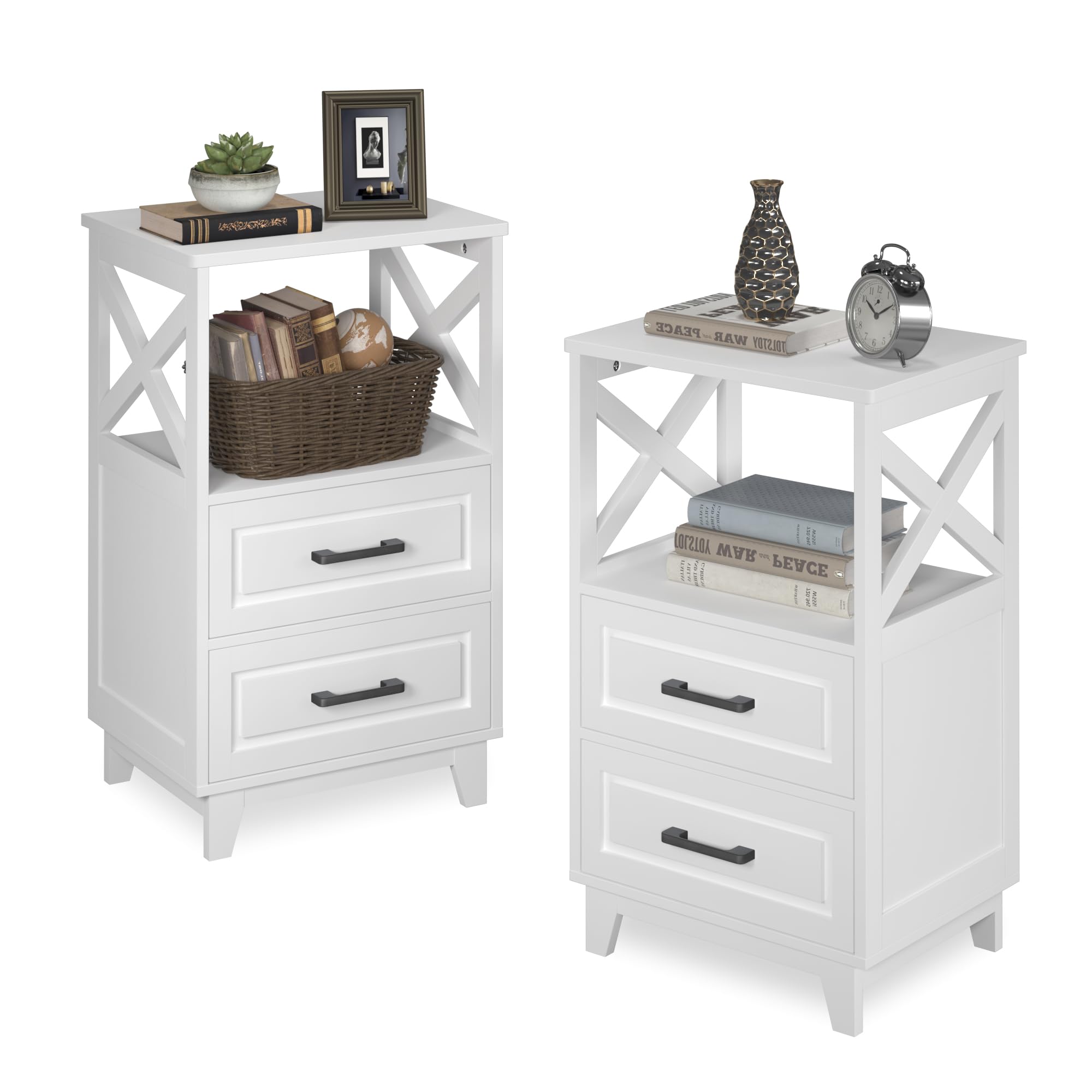 RoyalCraft Tall Nightstand Set of 2, Side Table with 2 Drawers and Open Shelf, Bedside Table with Solid Feet, Modern Night Stand End Table for Bedroom, Home Office, White