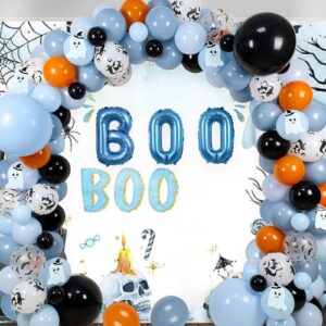 Halloween Baby Shower Decorations for Boy, Halloween Balloon Arch Blue with Cute Ghost-pattern Card For Halloween Theme Baby Shower Decorations Happy BOO Day Party Decorations