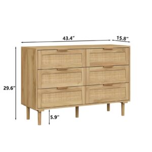 Furniouse 6 Drawer Rattan Dresser for Bedroom, Wooden Dresser Chest of Drawers, Storage Organizer for Closet, Beside Table for Living Room, Entryway