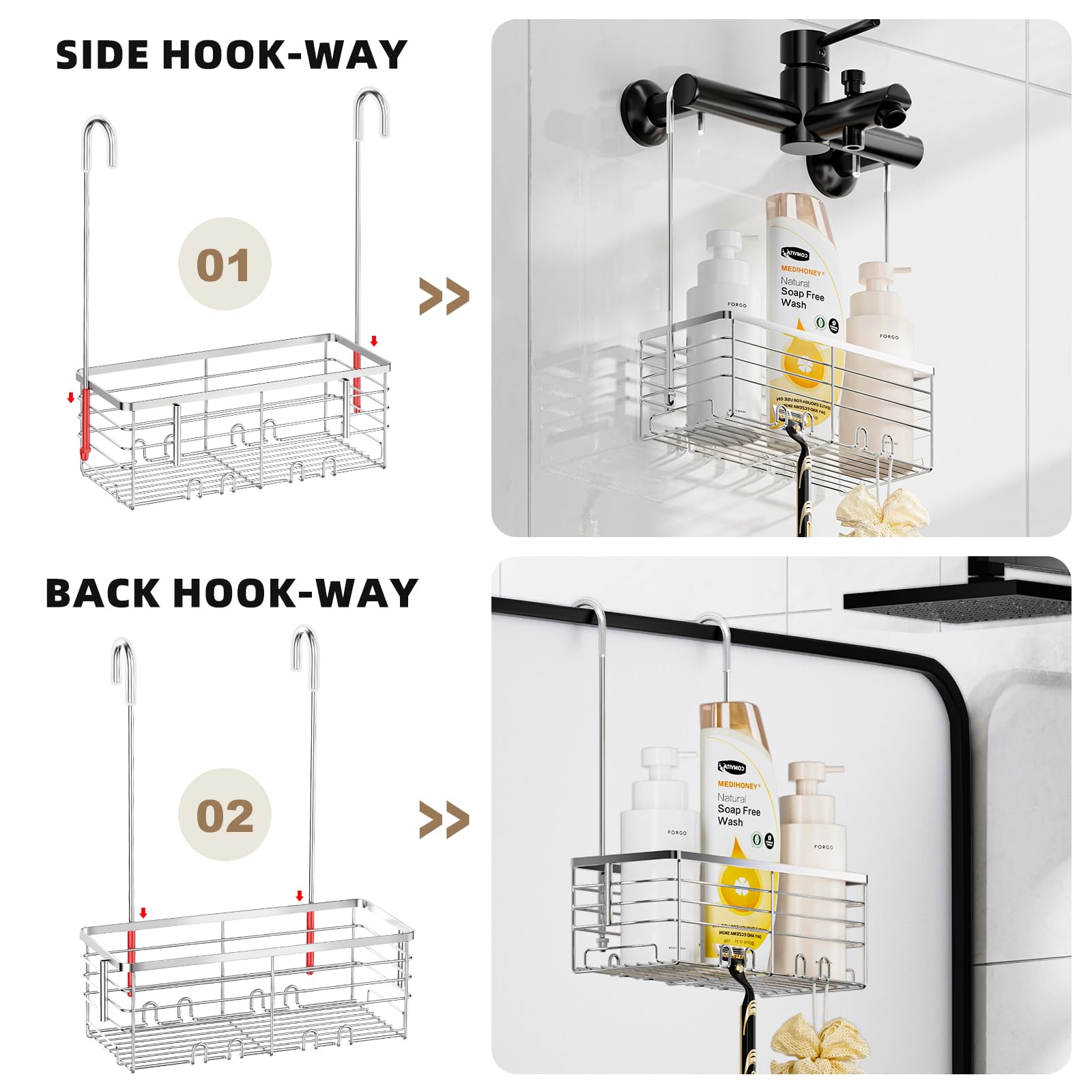 SHANSHUI Shower Hanging Caddy, Bathroom Shower Organizer Basket, Shampoo Bracket, Over Door Shower Rack with Hooks, 304 Stainless Steel Rustproof