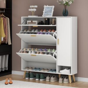 Loomie Shoe Cabinet, Shoe Storage Cabinet with 2 Flip Drawers & Side Cabinet, Narrow Shoe Cabinet with Doors, Hidden Shoe Storage with Adjustable Shelf, Slim Shoe Cabinet for Entryway (White)