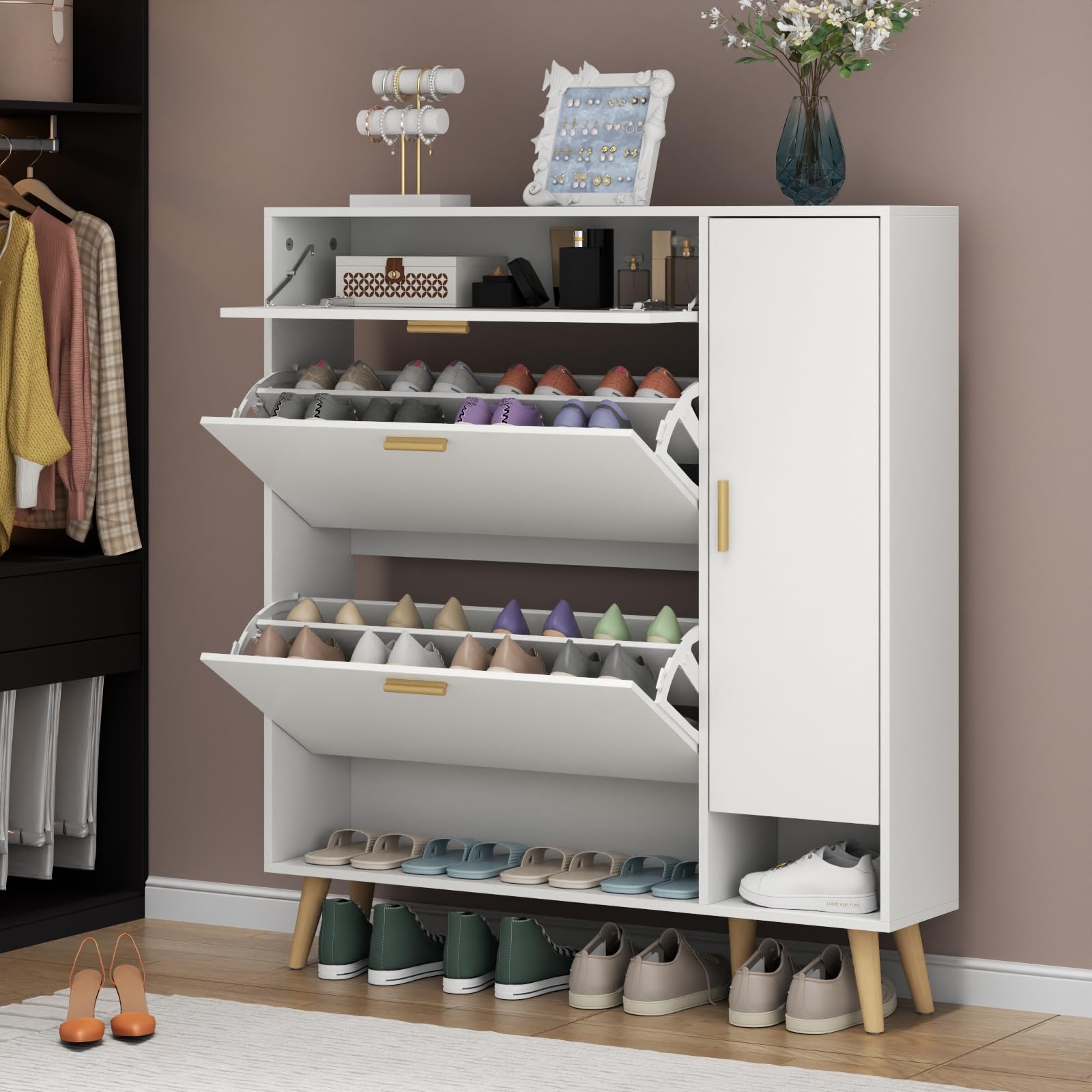 Loomie Shoe Cabinet, Shoe Storage Cabinet with 2 Flip Drawers & Side Cabinet, Narrow Shoe Cabinet with Doors, Hidden Shoe Storage with Adjustable Shelf, Slim Shoe Cabinet for Entryway (White)