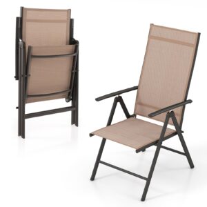 giantex folding patio chairs, high back outdoor chairs with 7-level adjustable high backrest, portable reclining chairs for lawn porch garden poolside camping, no assembly (brown, 1 count (pack of 1))