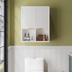 HAIOOU Fluted Bathroom Wall Cabinet with Motion Sensor Light, Curved Profile Wooden Medicine Cabinet Wall Mounted Cupboard, Wave Like Over Toilet Storage Cabinet with Buffering Hinges - Modern White