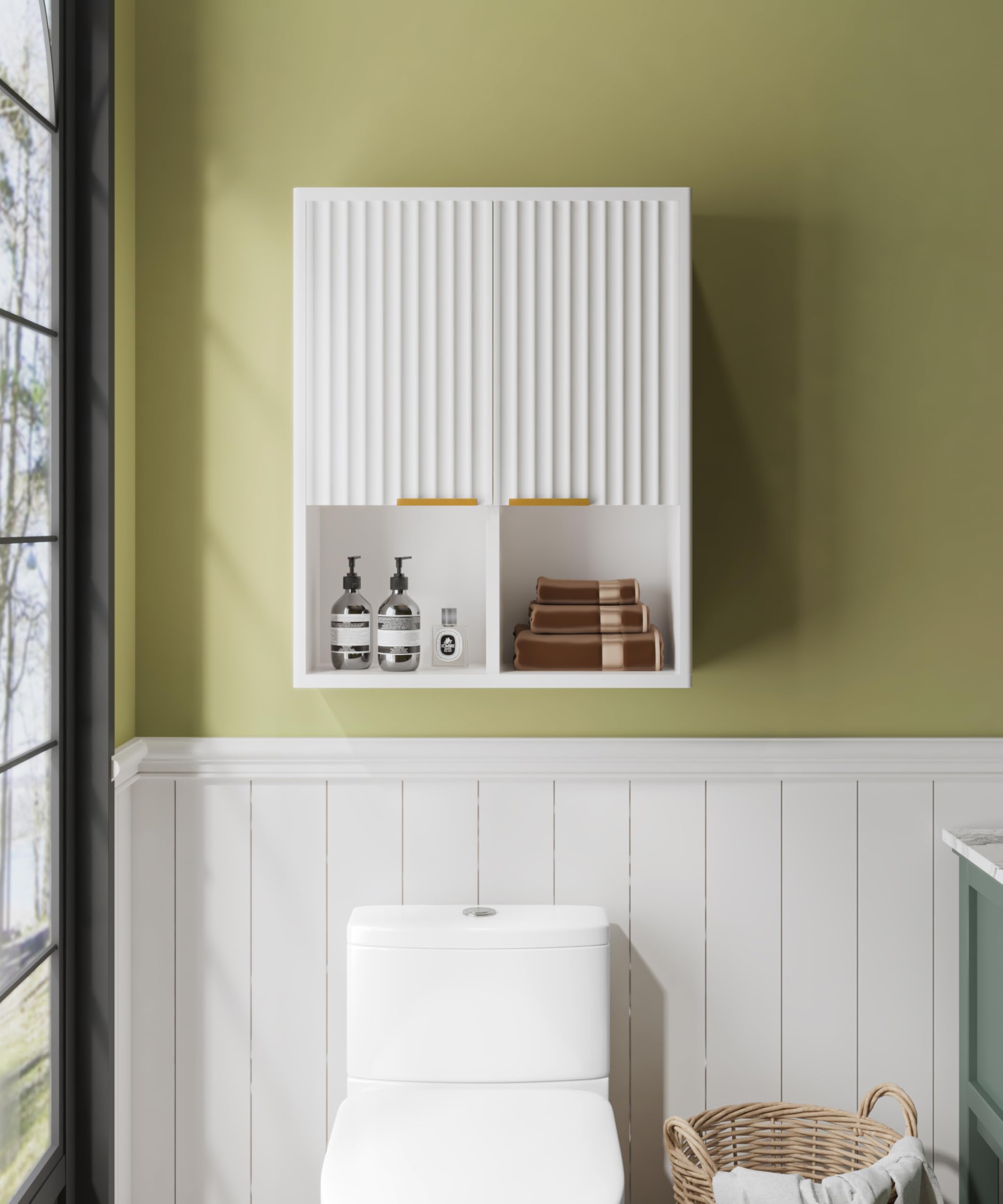 HAIOOU Fluted Bathroom Wall Cabinet with Motion Sensor Light, Curved Profile Wooden Medicine Cabinet Wall Mounted Cupboard, Wave Like Over Toilet Storage Cabinet with Buffering Hinges - Modern White