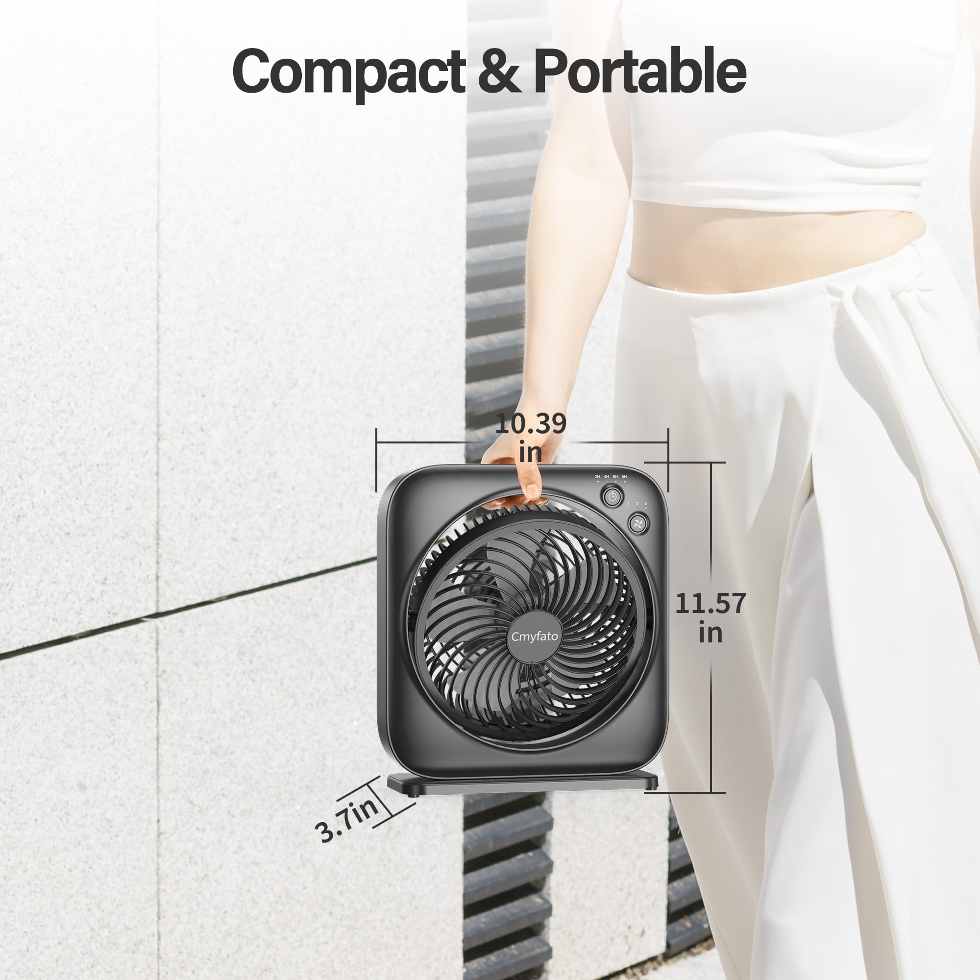 Cmyfato Window Fan,Small Box Fan with 3 Powerful Speed & 4 Timer Setting,12 inch Portable Table fan, 60° Pivoting Quiet Square DC Fan for Home Office Bedroom Bathroom Kitchen