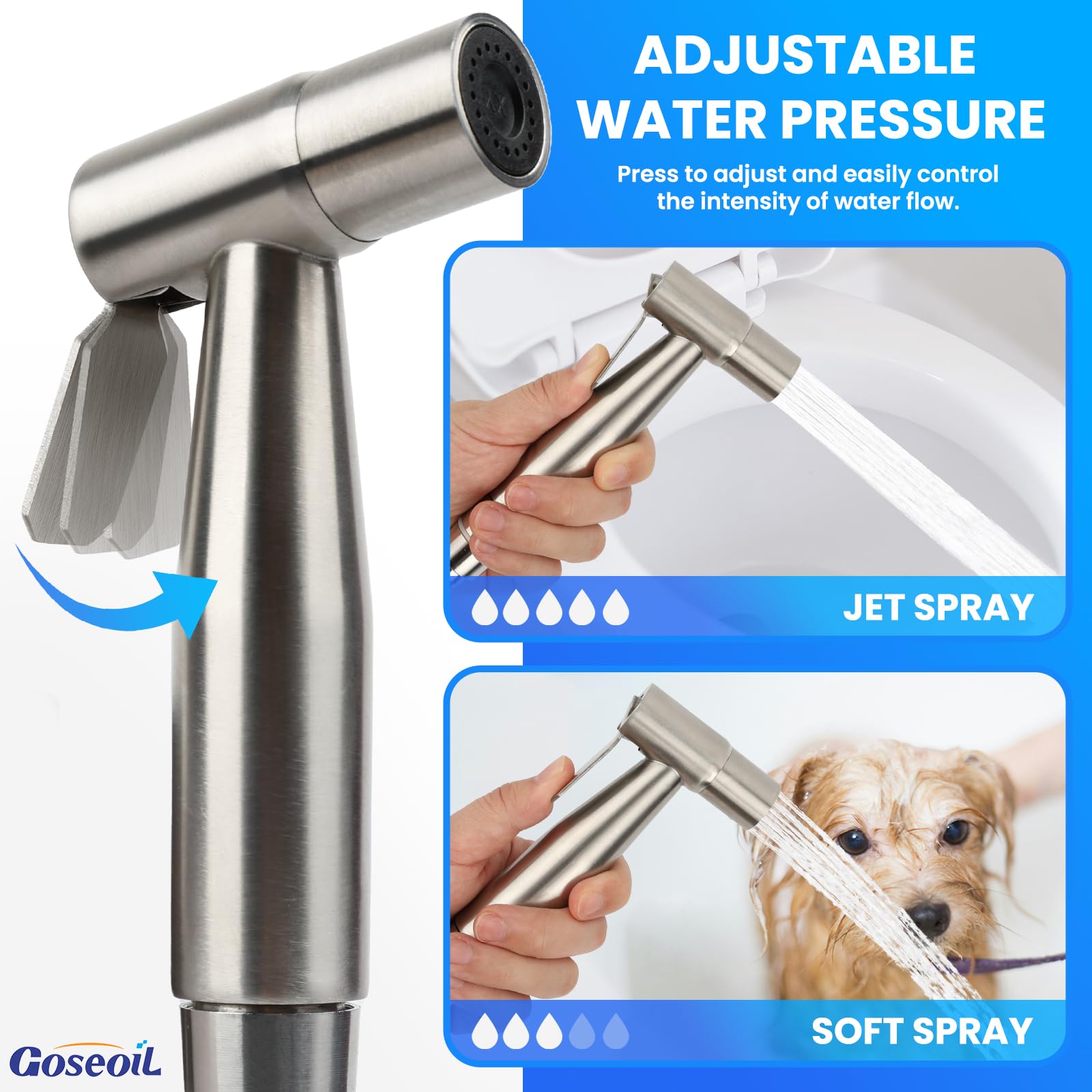 Goseoil Handheld Toilet Bidet Sprayer for Toilet-Adjustable Water Pressure Control with Bidet Hose for Feminine Wash set, Stainless Steel Brushed Nickel Cloth Diaper for Baby Wash