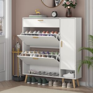 loomie shoe cabinet, shoe storage cabinet with 2 flip drawers & side cabinet, narrow shoe cabinet with doors, hidden shoe storage with adjustable shelf, slim shoe cabinet for entryway (white)