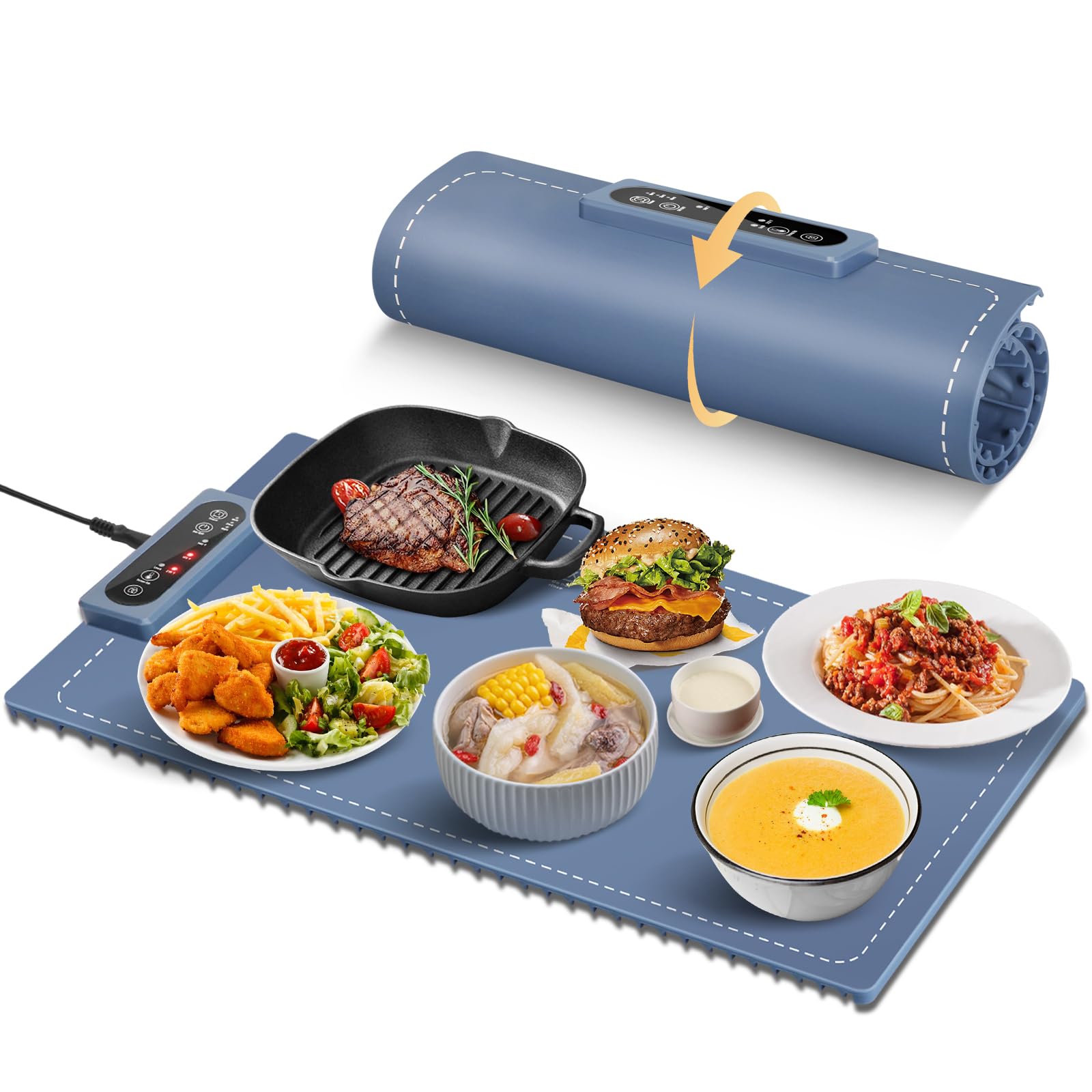 Food Warming Mat, Electric Warming Tray, Portable and Rollable, Premium Silicone Nano-Material, Fast Heating, 3 Temperature Settings & Auto Shut-Off for Buffet, Party, Thawing