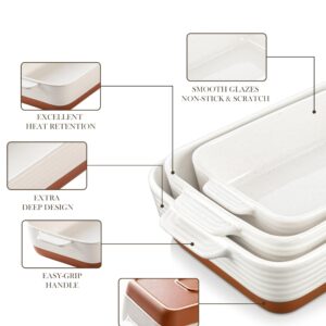 MALACASA Casserole Dishes for Oven, Ceramic Baking Dishes Set of 3, Baking Pan Casserole Dish Set, Rectangular Lasagna Pan Deep with Handles for Baking, Khaki White (14.5''/13''/10.5''), Series TARA