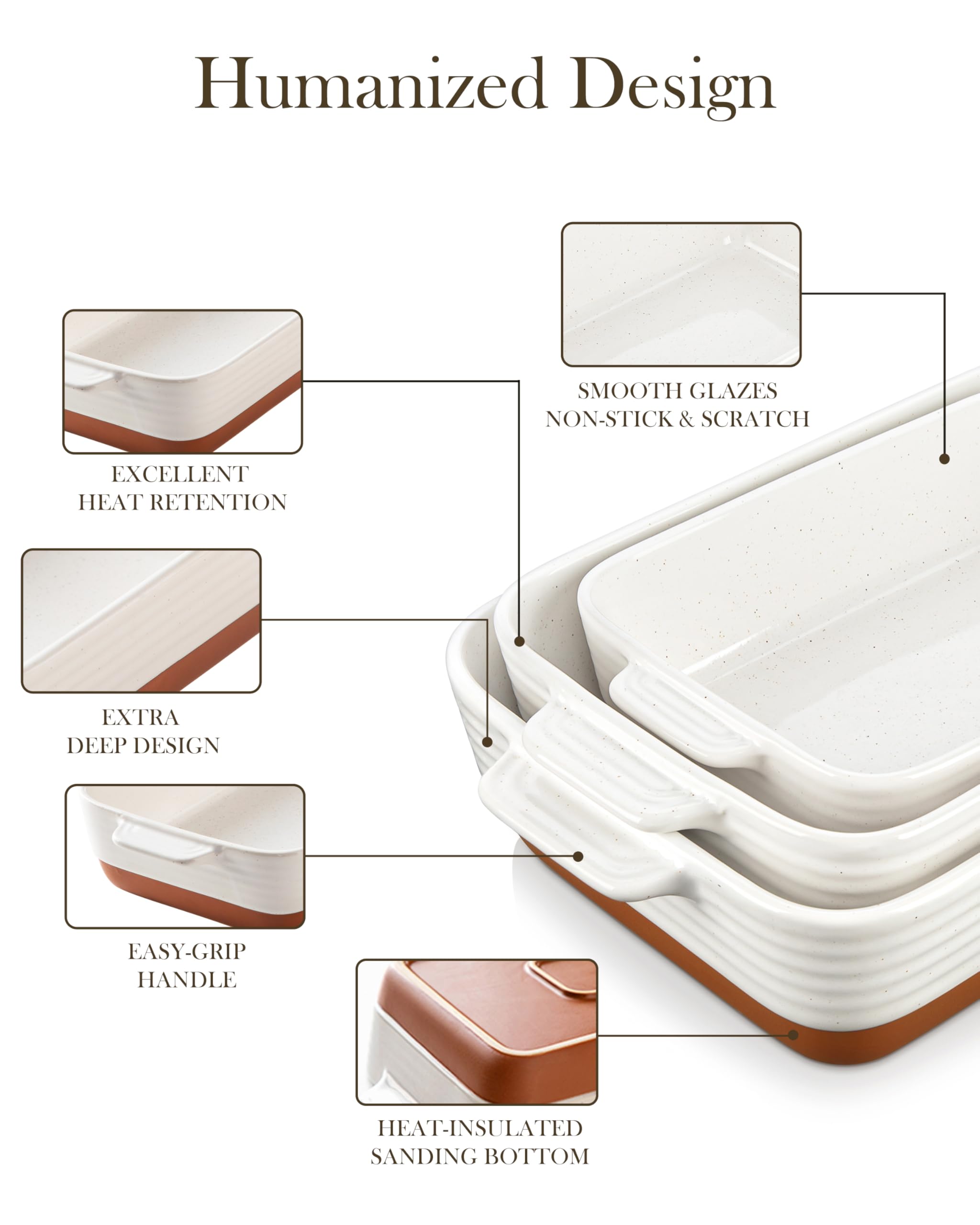 MALACASA Casserole Dishes for Oven, Ceramic Baking Dishes Set of 3, Baking Pan Casserole Dish Set, Rectangular Lasagna Pan Deep with Handles for Baking, Khaki White (14.5''/13''/10.5''), Series TARA